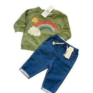 Peek 3-6m NWT 2pc set rainbow sweatshirt jeans sun rain cloud green blue